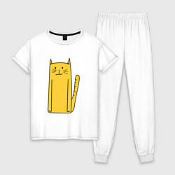 Пижама хлопковая женская Длинный желтый кот, цвет: белый
