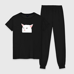 Пижама хлопковая женская Белый кот из мема, цвет: черный