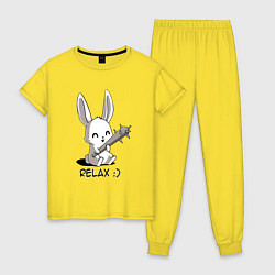 Пижама хлопковая женская Милый зайчик с дубинкой, цвет: желтый