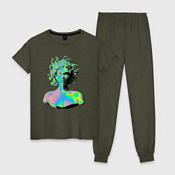 Пижама хлопковая женская Gorgon Medusa Vaporwave Neon, цвет: меланж-хаки