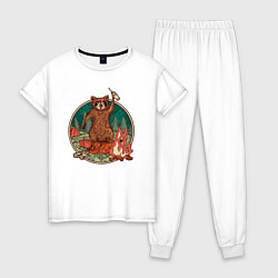 Пижама хлопковая женская Винтажный енот на отдыхе Camping Raccoon, цвет: белый
