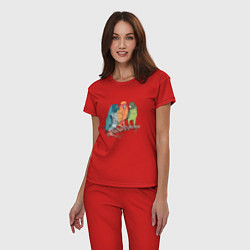 Пижама хлопковая женская Три волнистых попугая на ветке, цвет: красный — фото 2