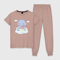 Пижама хлопковая женская Милый Слонёнок На Облаке Кушает Арбуз, цвет: пыльно-розовый
