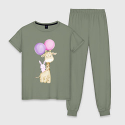 Пижама хлопковая женская Милый Жирафик и Крольчонок С Шариками, цвет: авокадо