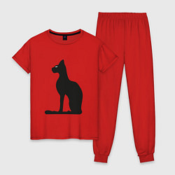 Пижама хлопковая женская Силуэт черной кошки, Египетская богиня Бастет, цвет: красный