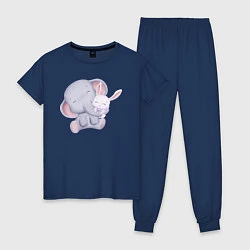 Пижама хлопковая женская Милый Слонёнок и Крольчонок Обнимаются, цвет: тёмно-синий