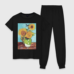 Пижама хлопковая женская Vase with Three Sunflowers Подсолнухи, цвет: черный