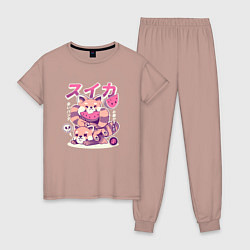 Пижама хлопковая женская Еноты и арбузы, цвет: пыльно-розовый
