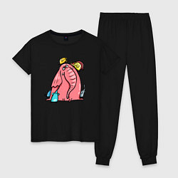 Пижама хлопковая женская Розовая слоника со слонятами, цвет: черный