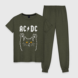 Пижама хлопковая женская AC DC rock cat, цвет: меланж-хаки