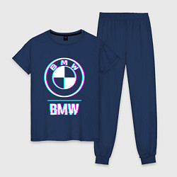 Пижама хлопковая женская Значок BMW в стиле glitch, цвет: тёмно-синий