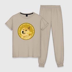 Пижама хлопковая женская Иронизирующая монета с Доге, цвет: миндальный