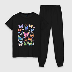 Пижама хлопковая женская Волшебные бабочки акварелью, цвет: черный