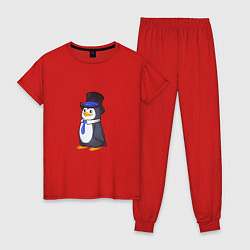 Пижама хлопковая женская Пингвин в цилиндре, цвет: красный