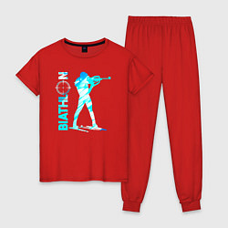 Пижама хлопковая женская Биатлон спортсмен, цвет: красный