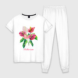 Пижама хлопковая женская Розовый антуриум Ботаническая акварельная иллюстра, цвет: белый