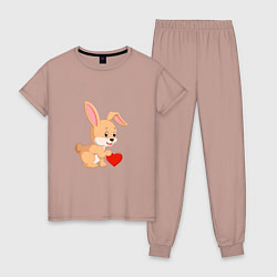 Пижама хлопковая женская Кролик с сердечком, цвет: пыльно-розовый