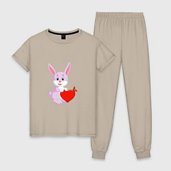 Пижама хлопковая женская Кролик с сердцем, цвет: миндальный