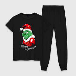 Пижама хлопковая женская Merry Christmas, Santa Claus Grinch, цвет: черный