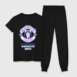 Пижама хлопковая женская Manchester United FC в стиле glitch, цвет: черный