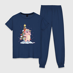 Пижама хлопковая женская Новогодняя елка и розовый единорог, цвет: тёмно-синий