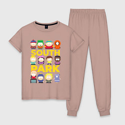 Пижама хлопковая женская Южный парк персонажи, цвет: пыльно-розовый