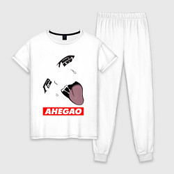 Пижама хлопковая женская Лицо ахегао с красным логотипом, цвет: белый