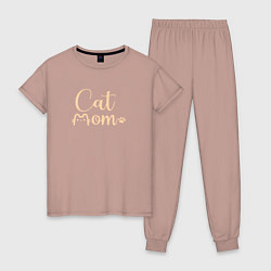 Пижама хлопковая женская Cat mom кошатница, цвет: пыльно-розовый
