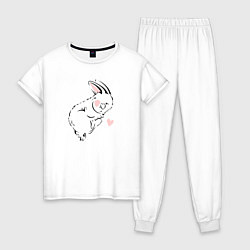 Пижама хлопковая женская Милый спящий зайчик с сердцем рисунок, цвет: белый