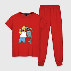 Пижама хлопковая женская Drunk Homer and Bender, цвет: красный