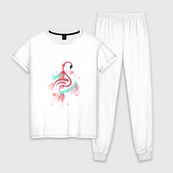 Пижама хлопковая женская Фламинго в серце, цвет: белый