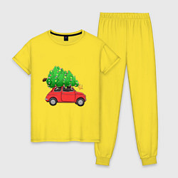 Пижама хлопковая женская Новогодняя машина с праздничной елкой, цвет: желтый