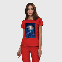 Пижама хлопковая женская Объемная иллюстрация из бумаги лес и олень на сине, цвет: красный — фото 2