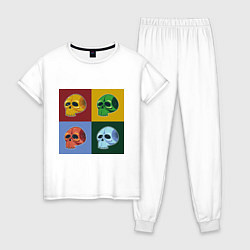 Пижама хлопковая женская Четыре черепочка в разноцветных квадратах, цвет: белый