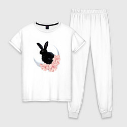 Пижама хлопковая женская Черный кролик в цветах, цвет: белый
