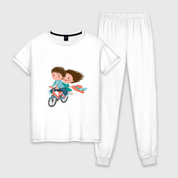 Пижама хлопковая женская Влюбленные на велосипеде, цвет: белый