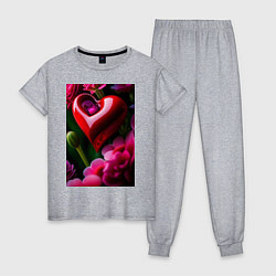 Пижама хлопковая женская Сердце с цветами, цвет: меланж