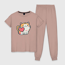 Пижама хлопковая женская Котик с сердечками, цвет: пыльно-розовый