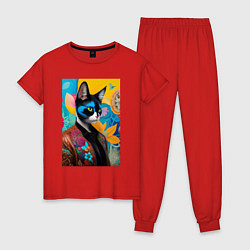 Пижама хлопковая женская Модный котяра - нейросеть, цвет: красный