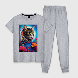 Пижама хлопковая женская Кот модник - нейросеть, цвет: меланж