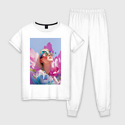 Пижама хлопковая женская Весенняя девушка в цветах, цвет: белый