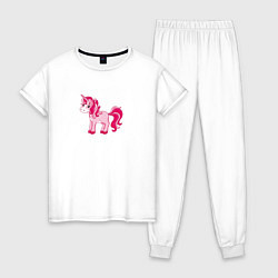 Пижама хлопковая женская Розовый мультяшный единорог, цвет: белый