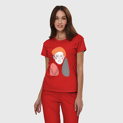 Пижама хлопковая женская Лайн арт портрет девушки в стиле минимализм, цвет: красный — фото 2