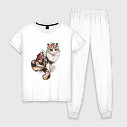 Пижама хлопковая женская Кошечка с цветами, цвет: белый