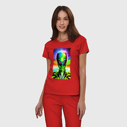 Пижама хлопковая женская Alien - neural network - neon glow - pop art, цвет: красный — фото 2
