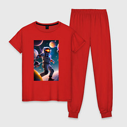Пижама хлопковая женская Космонавт танцующий среди планет, цвет: красный