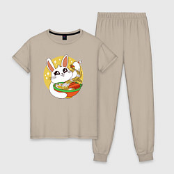 Пижама хлопковая женская The hare eats noodles, цвет: миндальный
