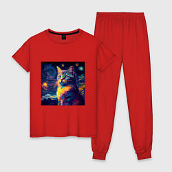 Пижама хлопковая женская Котик Винсент ван Гог, цвет: красный
