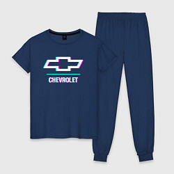 Пижама хлопковая женская Значок Chevrolet в стиле glitch, цвет: тёмно-синий