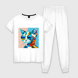 Пижама хлопковая женская Кот в темных очках Пикассо, цвет: белый